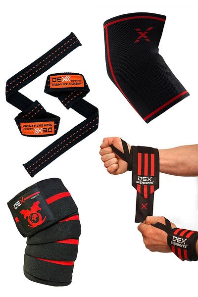 Dex Supports Lasting Energy Fitness Elbow Brace + Wrist Bandage (Wrist Wraps) + Knee Bandage, Knee Wraps + Straps Set of 4