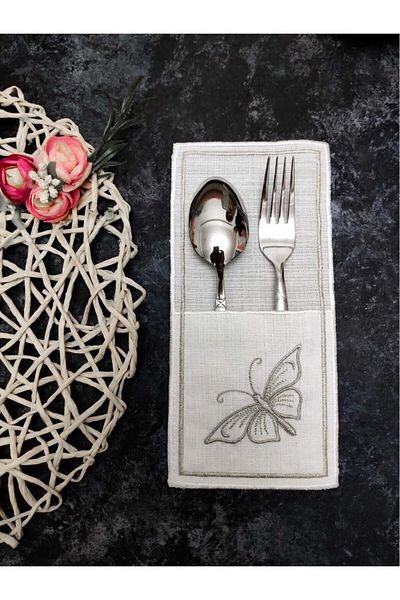 Çt Çeyizci Tekstil 6 Pieces Ecru Embroidered Serving Napkin - Cutlery Holder