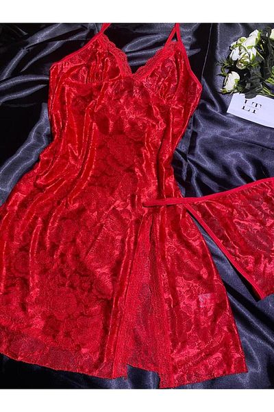 Le Tonnerre Women's Red Jacquard Short Nightgown