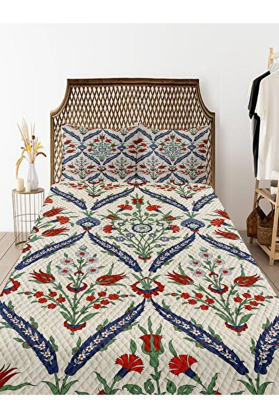 Else Halı Osmanlı Çini Lale  Desenli Baskılı Dekoratif Yatak Örtüsü Çift Kişi...