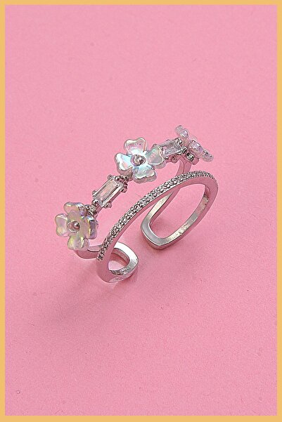 AURRARİ Kadın 925k Gümüş Kaplama Zirkon&sedef Taşlı Çiçek Motifli Ayarlanabilir Çelik Yüzük (exclusive)