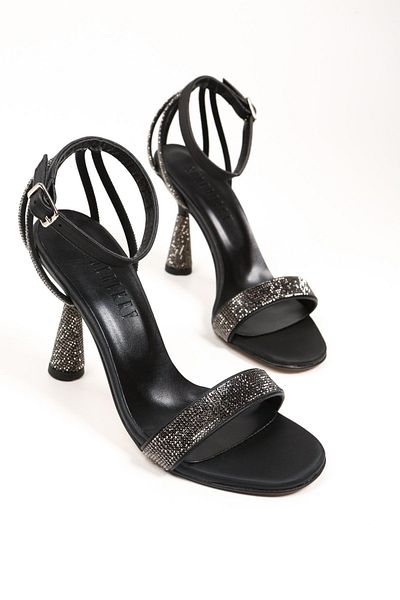 SOLMAZ RAMINA BLACK SATIN STONE HEEL SHOES
