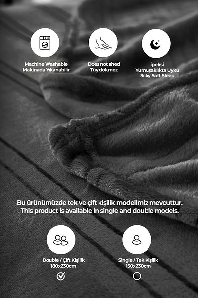 Evlen Home Collection Mayer Supersoft Soft Double Blanket 180x230 Cm Anthracite