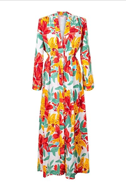 NEFS Design Yağlı Boya Tablo Desenli Keten Kimono Kaftan Sabahlık