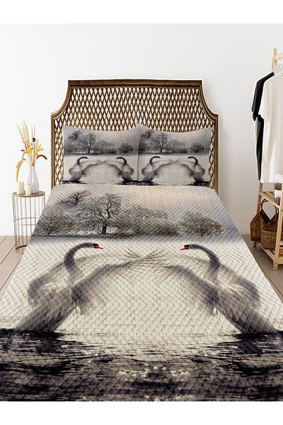 Else Halı Double White Swans Patterned Bedspread - Padded Pique Set
