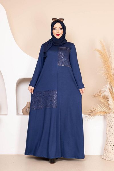 Tuğralı Navy Blue Large Size Hijab Dress