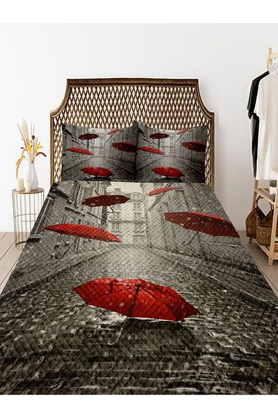 Else Halı Gray and Red Umbrella Pattern - Printed Decorative Bedspread and Pillowed Pique Set Double