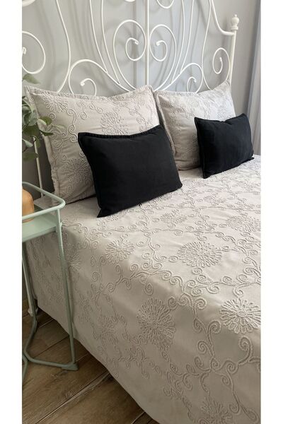 Decamor home Bohem Nakış Detaylı Gri Yatak Örtüsü Seti Çift Kişilik Pike Takımı
