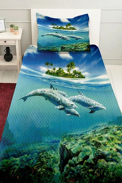 Else Halı Set cu o singură pernă cu delfini albaștri imprimați cu model de mare
