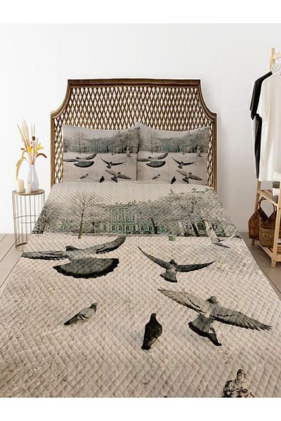 Else Halı Double Flying Birds Decorative Bedspread and Pillowed Pique Set - Patterned Printed