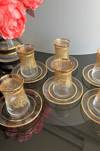 DECOSTYLE Gold Filled Pantograph Embroidered 12 Piece Tea Set