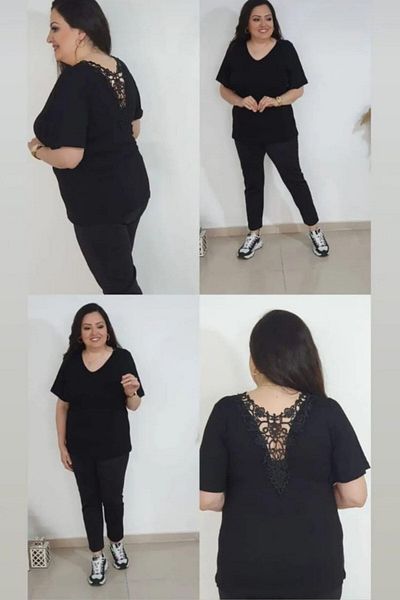 sinemisxxl Plus Size Black Blouse with Lace Back