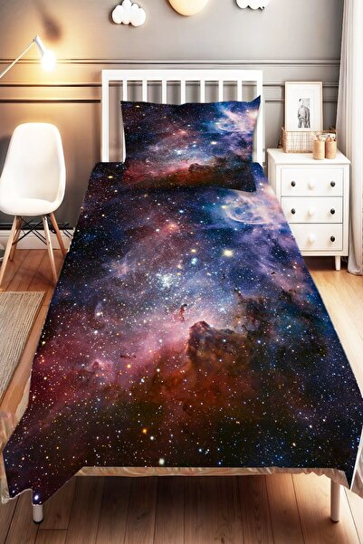 Else Halı Galaksi Uzay  Desenli Dijital Baskılı Tek Kişilik ve Çocuk Yatak Ör...