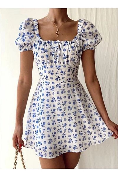 Afiş Butik Μπλε φλοράλ λευκό φόρεμα με γραβάτα γιακά
