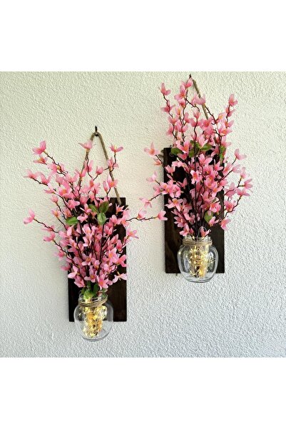 STDEKOR Led Işıklı, Pembe Sakura Çiçekli Duvar Dekoru Ceviz İkili Set
