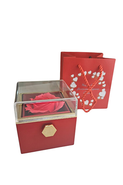 ÖZER KUTU İthal Sonsuz Dönen Güllü Yüzük & Kolye Kutusu (Karton Çantalı) Kırmızı