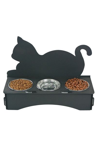 Evene Food Water Bowl Stainless Steel Rhinestone 3-Piece Wooden Cat and Dog Water Bowl with Cat Backrest Model