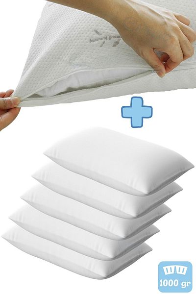 Evene Pillow Bead Fiber Antibacterial Sleeping Pillow Cotton 1000 Gr + Cotton Zippered Case 5 Pieces