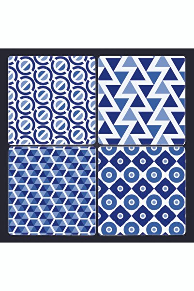 Mavi Geometrik Desenli Uv Baskılı Doğal Taş Bardak Altı 10 x 10 cm 4'lü