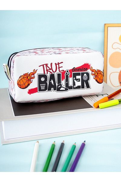 OneSize Basketball Patterned Two-Compartment Vegan Leather Pencil Case - Double Compartment Pen Holder