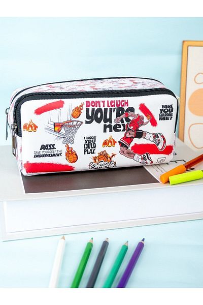 OneSize Basketball Patterned Two-Compartment Vegan Leather Pencil Case - Double Compartment Pen Holder