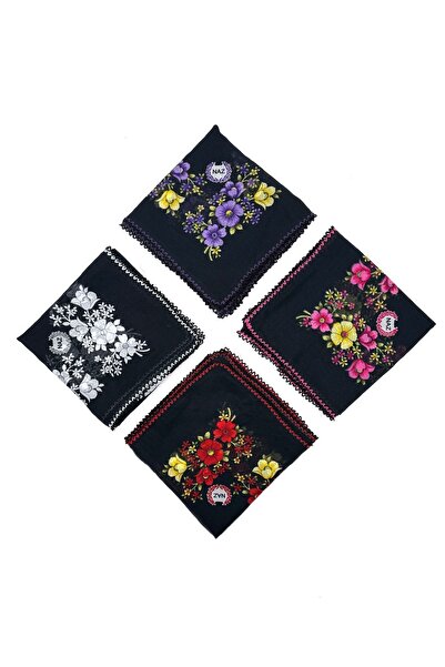 nazipek Pamuklu 4'lü Set %100 Pamuklu Siyah Kroşeta Oyalı Eşarp Ortası Boş Ma...