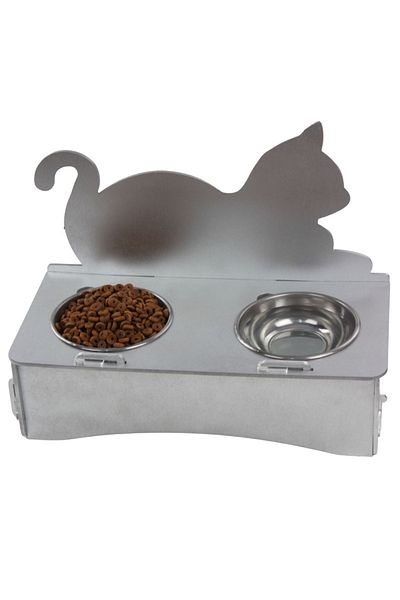 Evene Food Water Bowl Stainless Steel Rhinestone 2-Piece Wooden Cat and Dog Water Bowl Cat Backrest Model