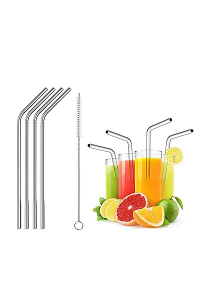 Factorial Stainless Steel Set of 4 Straws and Cleaning Brushes - Glass Cup for Practical Bar and Cocktail Products
