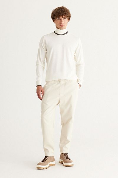 AC&Co / Altınyıldız Classics Men's Ecru Relax Fit Comfortable Cut 100% Cotton Trousers with Tie Waist