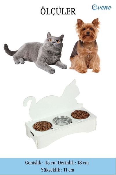 Evene Food Water Bowl Stainless Steel Rhinestone 3-Piece Wooden Cat and Dog Water Bowl with Cat Backrest Model