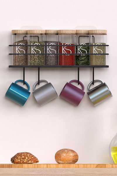 KILINÇ STORE Spice Rack Luxury Metal Black Kitchen Shelf Bathroom Shelf with Adhesive Hooks Design Salt Shaker Hanger