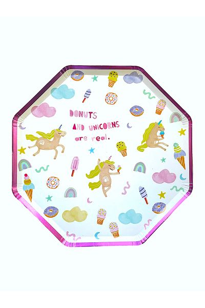 BalinMandalin Unicorn Patterned Octagonal Cardboard Plate, 8 Pieces, Gilded