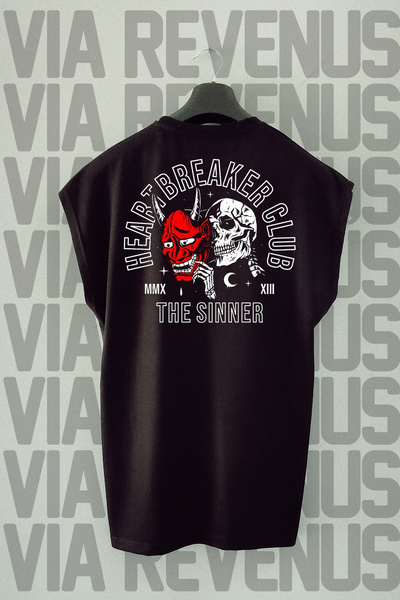 Vordevia Tricou sport negru Heartbreaker Club - imprimat pe spate, mâneci zero