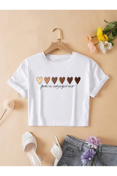 over head oh Crop oversize alb - Femei cu imprimeu cu inimi multiple