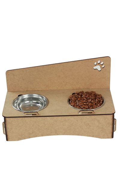 Evene Food Water Bowl Stainless Steel Rhinestone 2-Piece Wooden Cat and Dog Water Bowl Paw Model