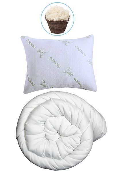 Evene Single Wool Quilt and 1500 Gr Wool Pillow Cool Holder Anti-Sweat Sleeping Set Organic Wool