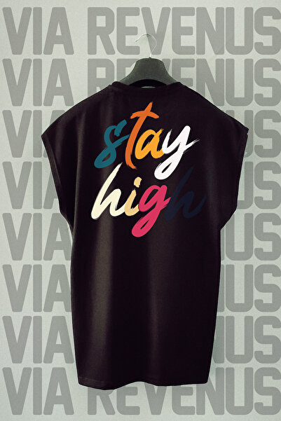 Vordevia Tricou negru Stay High Sports - imprimat pe spate, mâneci zero