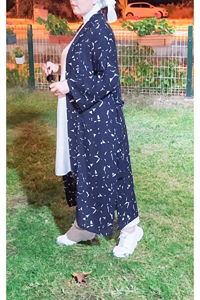 PNRSTİL الشيفون الأزرق الداكن كيمونو طويل