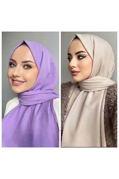 Narine Hijab Women's Cotton Jazz Shawl Model Set of 2-lilac-stone