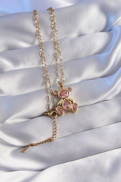 Moka Shopin Gold Colored 316L Teddy Necklace - Chain and Zircon Stone Detail