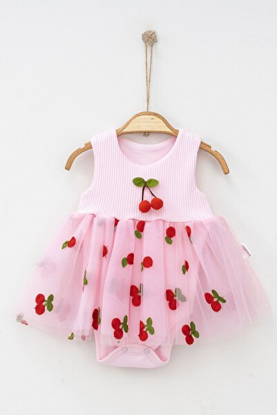 Beniizle Kiraz Detaylı Tüllü Çıtçıtlı Zıbın Elbise (%100 Pamuk)