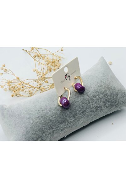 MUSCO Yuvarlak Mor Boncuklu Kadın Gold Küpe