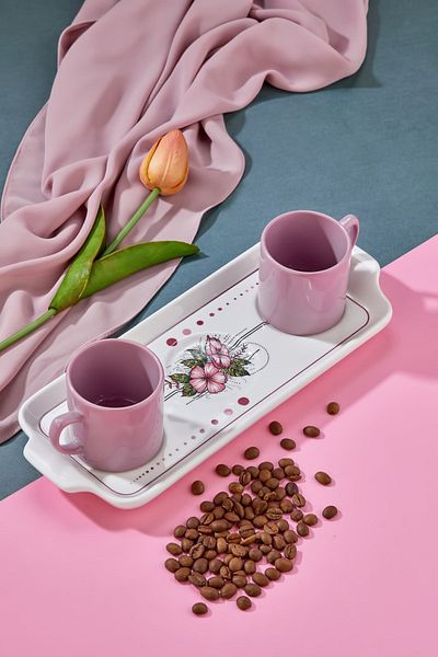Babion 3-Piece Turkish Coffee Cup Set for 2 People with Presentation Plate, Presentation Set