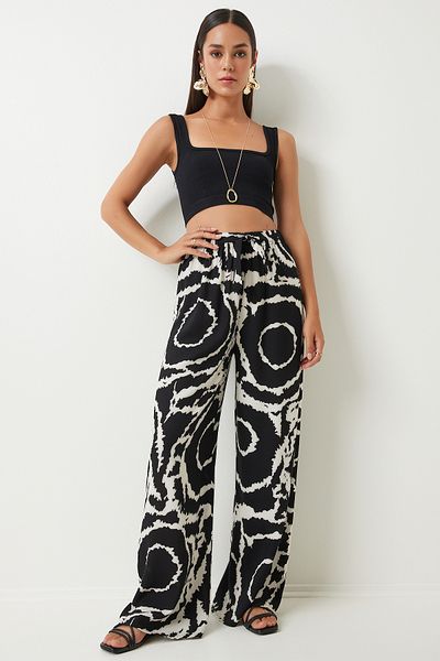 Happiness İstanbul Παντελόνι Black Light Cream Viscose Palazzo - EN00606