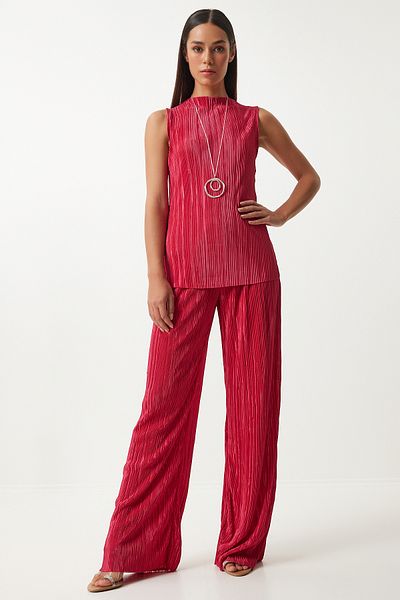 Happiness İstanbul Dunkelrosa Set aus Strickbluse und Palazzo-Hose – Plissiert, ärmellos FN03192