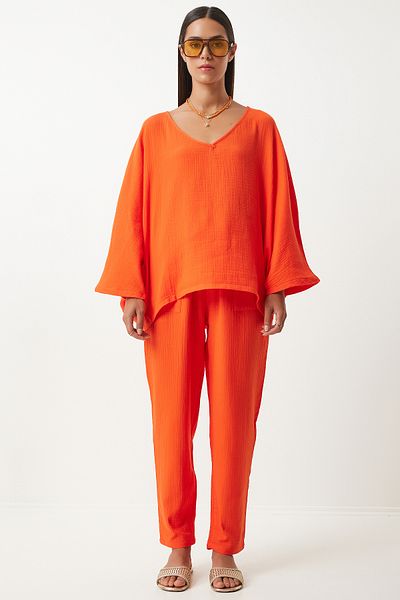 Happiness İstanbul Narancssárga muszlin V-nyakú női Shalwar és nadrág szett - FN03194
