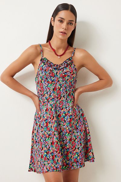 Happiness İstanbul Rot-schwarz gemustertes Damenkleid – mit Trägern und Struktur FN03193