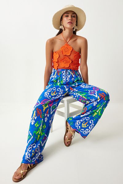 Happiness İstanbul Blue Patterned Viscose Palazzo Women's Trousers - Vivid EN00606