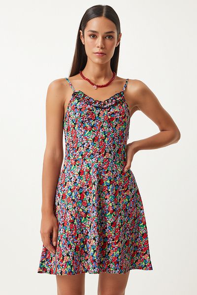 Happiness İstanbul Rot-schwarz gemustertes Damenkleid – mit Trägern und Struktur FN03193