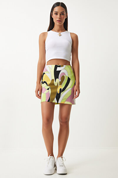 Happiness İstanbul Μίνι Πλεκτή Φούστα Φιστίκι Πράσινη Μαύρη - Με σχέδιο FN03199